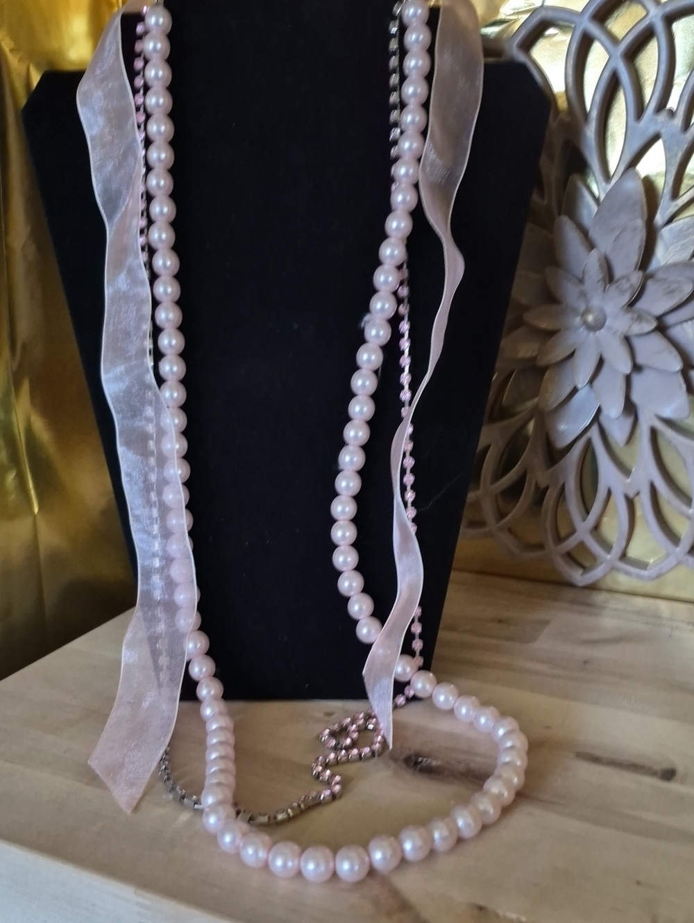 Elegant Pink Pearl Necklace with Ribbon Accent